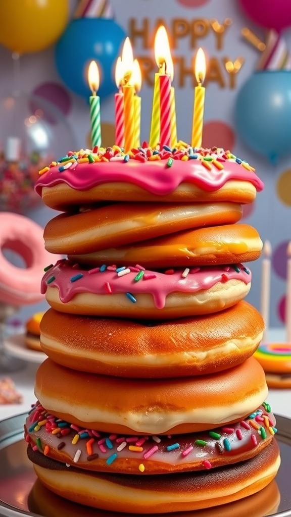 A colorful donut cake for a birthday, stacked with assorted donuts and decorated with icing and sprinkles.
